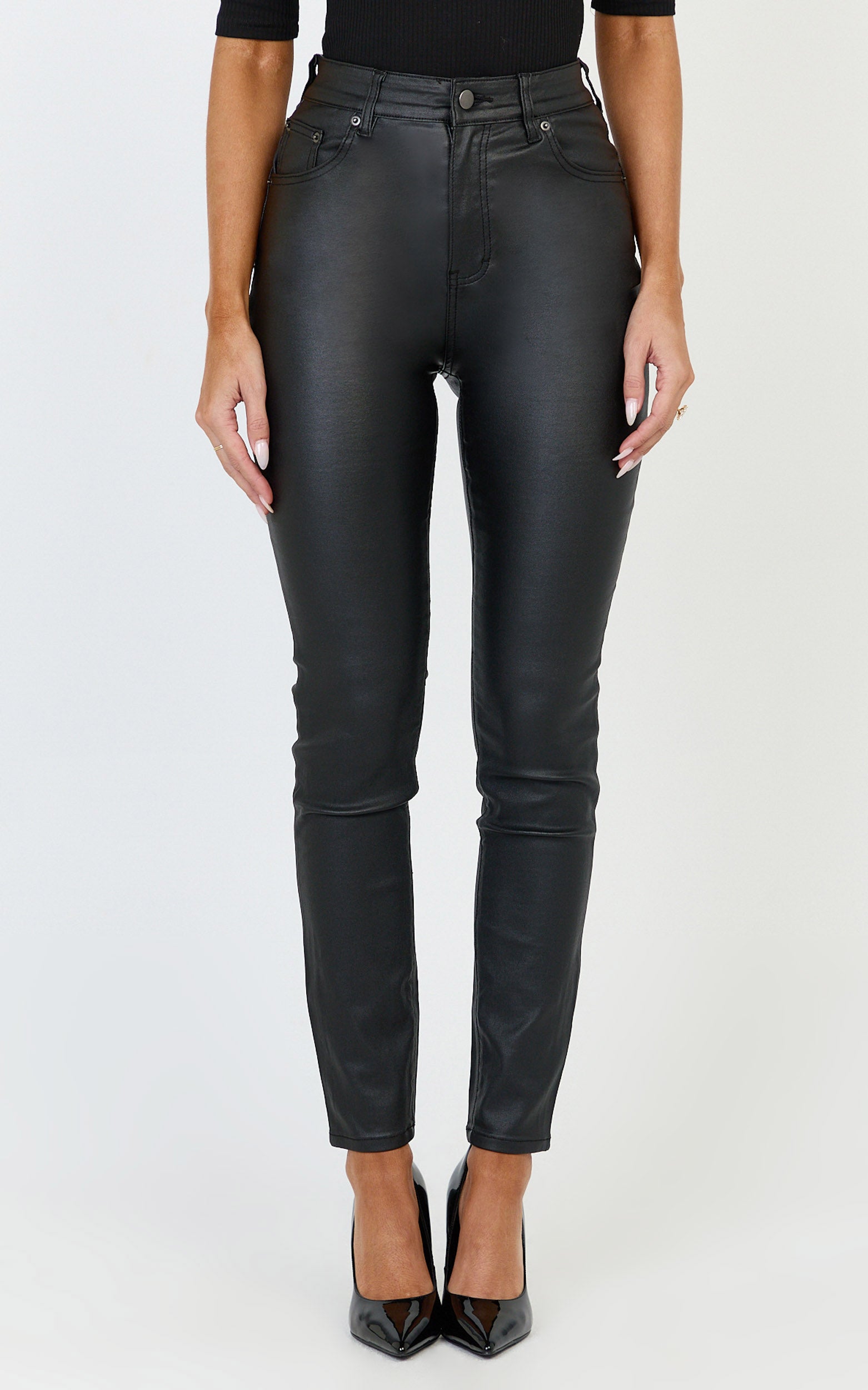 Whinnie Jean - Siyah Yüksek Bel Dar Kesim Kaplamalı Denim Jean