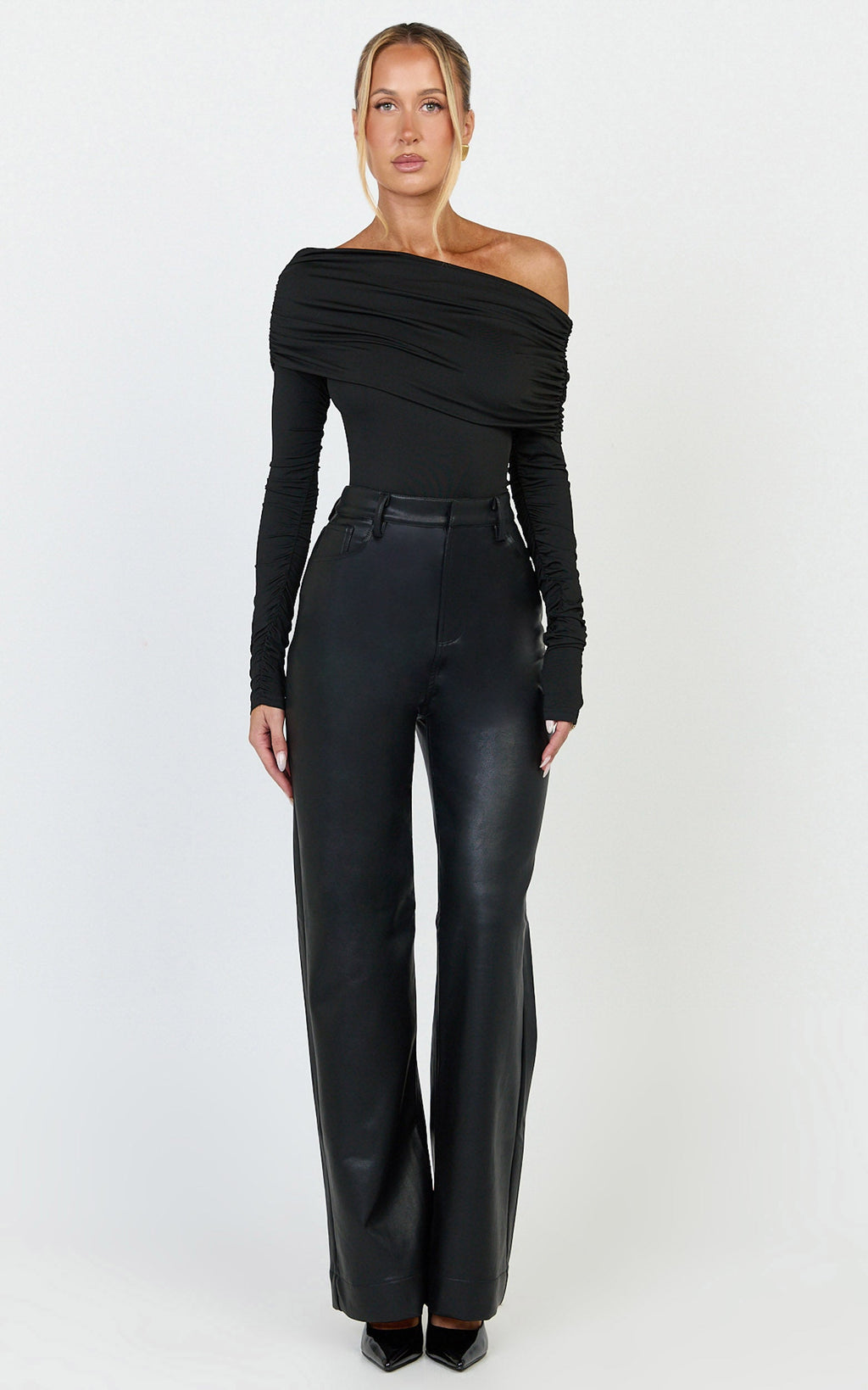 Hallie Bodysuit - Siyah Tek Omuz Drapeli Uzun Kollu Bodysuit
