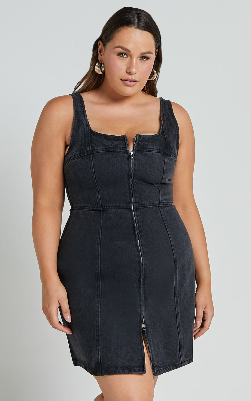Chrysoula Mini Elbise - Yıkanmış Siyah Kare Yaka Önden Fermuarlı Kolsuz Bodycon Denim Elbise