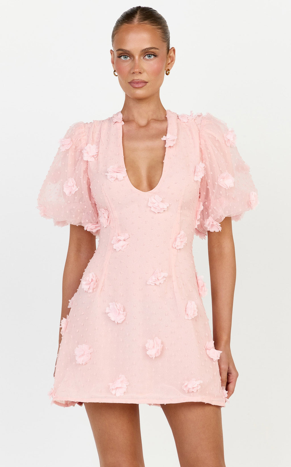 Azalea Mini Elbise - Açık Pembe Balon Kollu 3D Çiçekli A Kesim Elbise