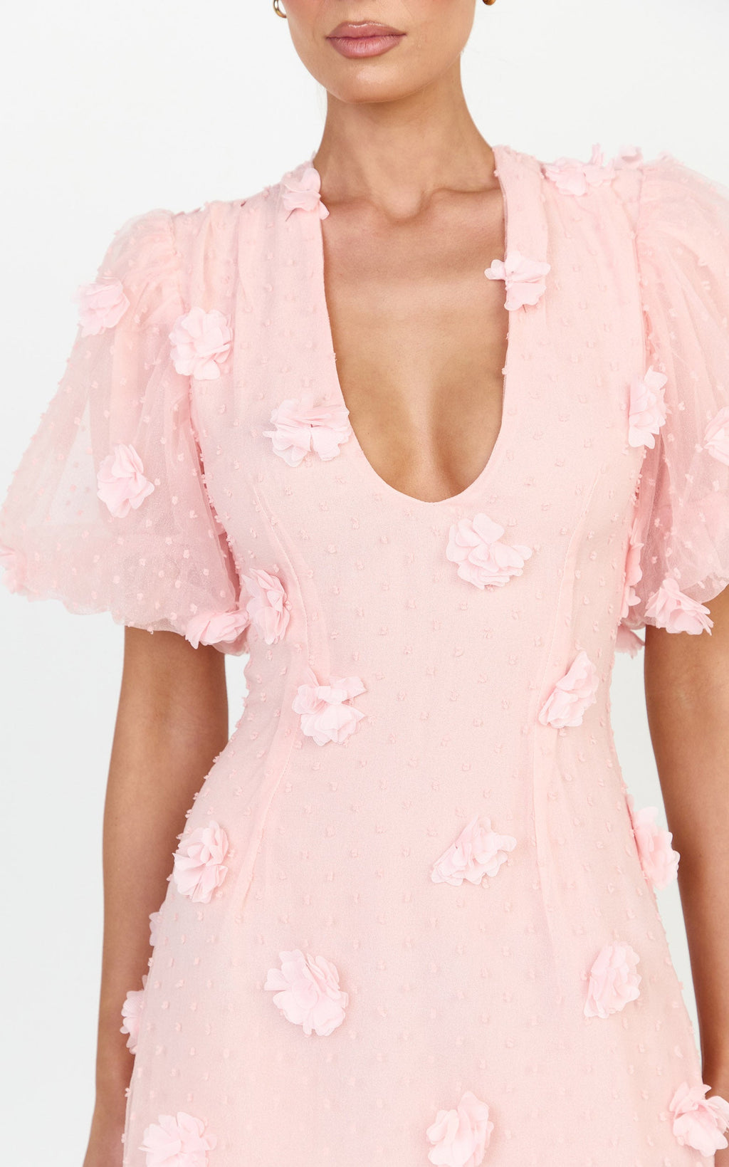 Azalea Mini Elbise - Açık Pembe Balon Kollu 3D Çiçekli A Kesim Elbise