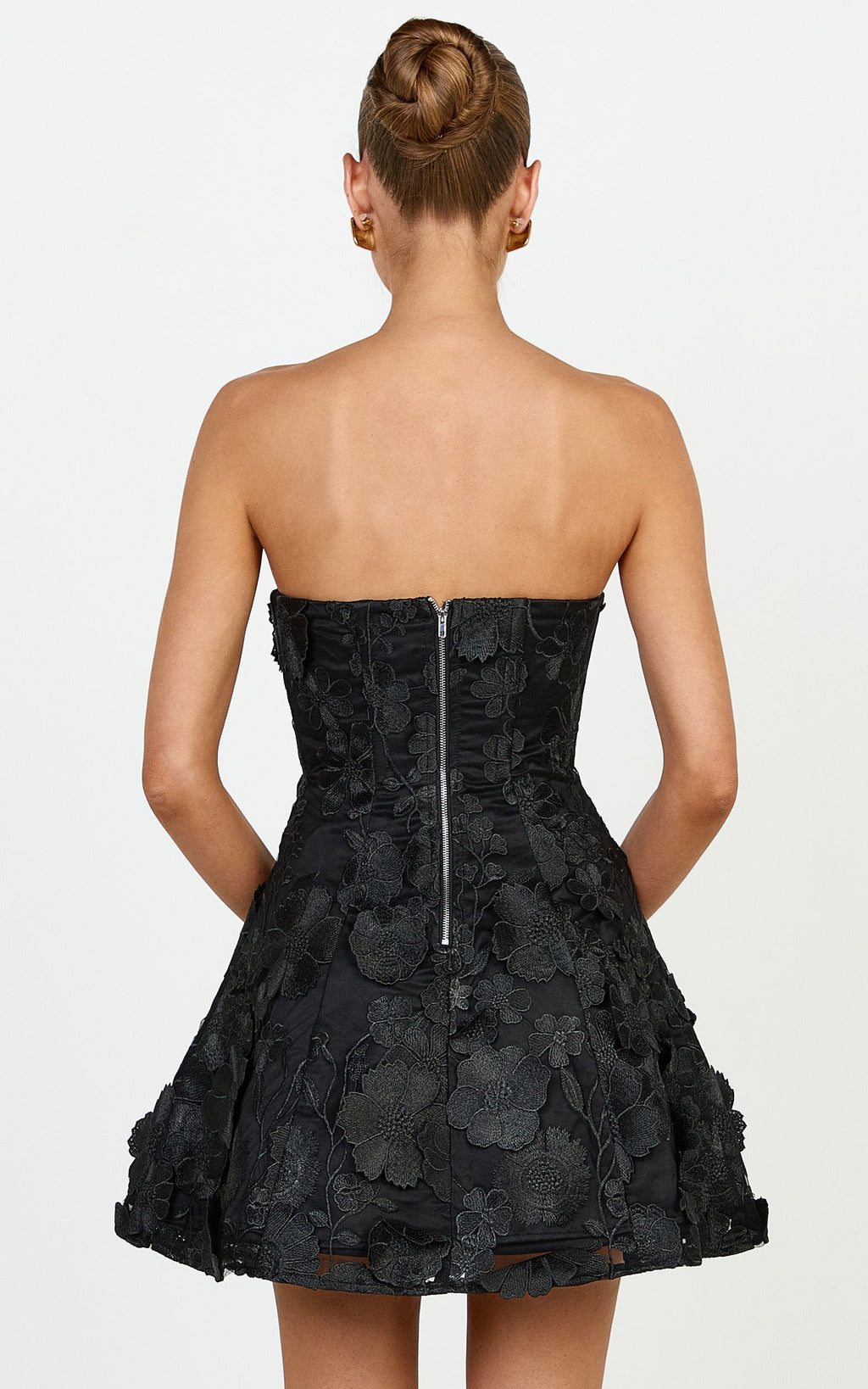 Cosima Mini Elbise - Siyah Straplez 3D Çiçekli Fit & Flare Elbise