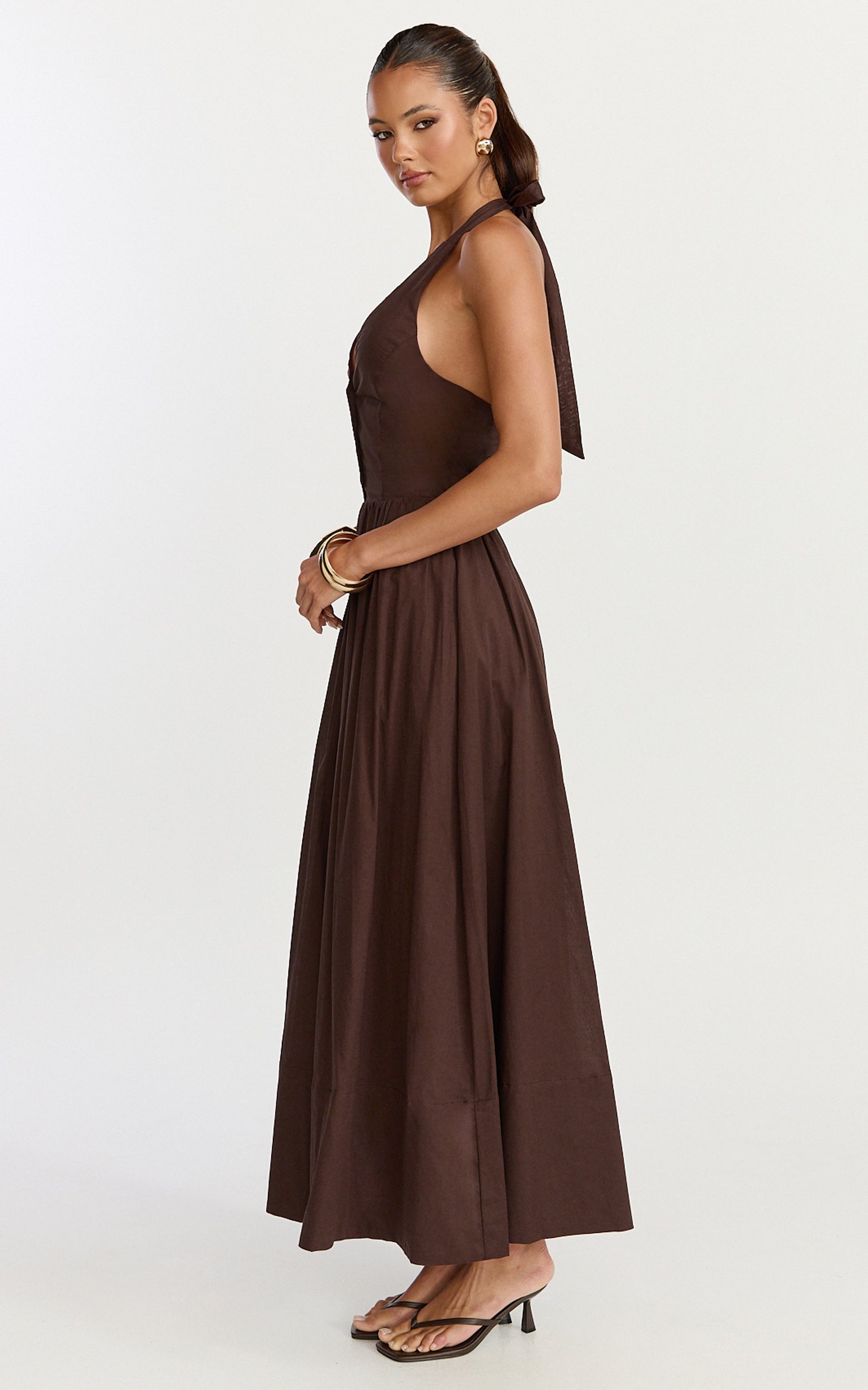 Everly Midi Elbise - Bağlamalı Boyundan Bağlamalı Yaka, Düğmeli Korsajlı Fit & Flare Elbise - Çikolata
