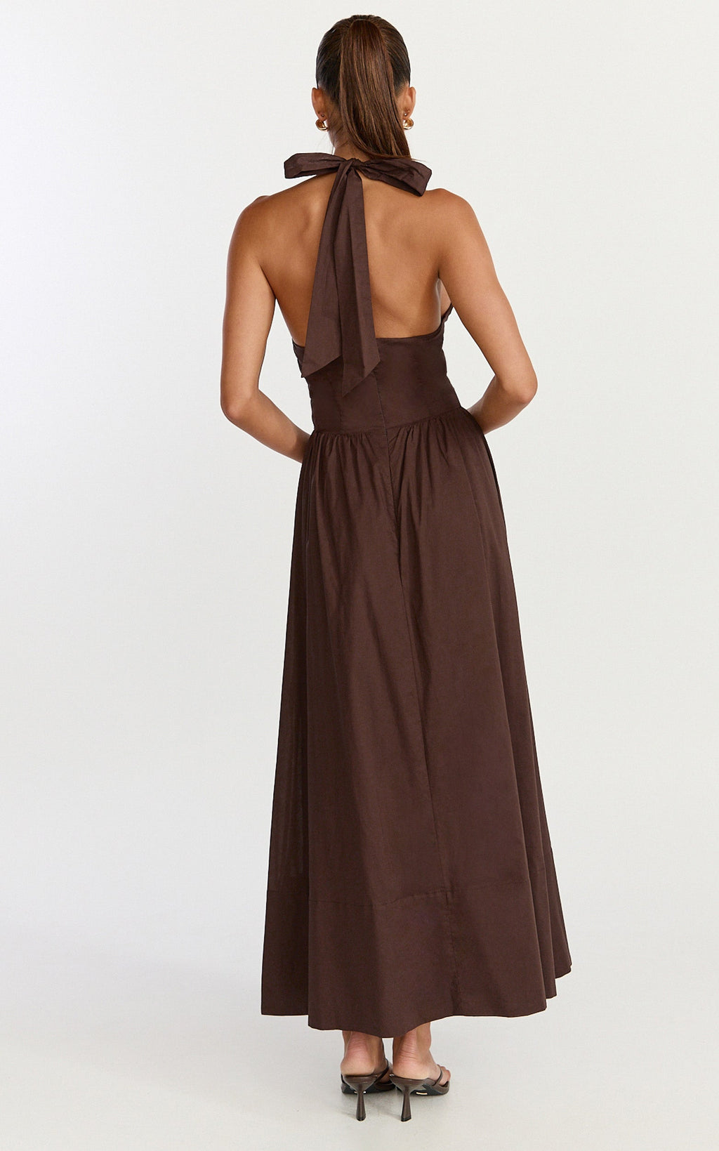 Everly Midi Elbise - Bağlamalı Boyundan Bağlamalı Yaka, Düğmeli Korsajlı Fit & Flare Elbise - Çikolata