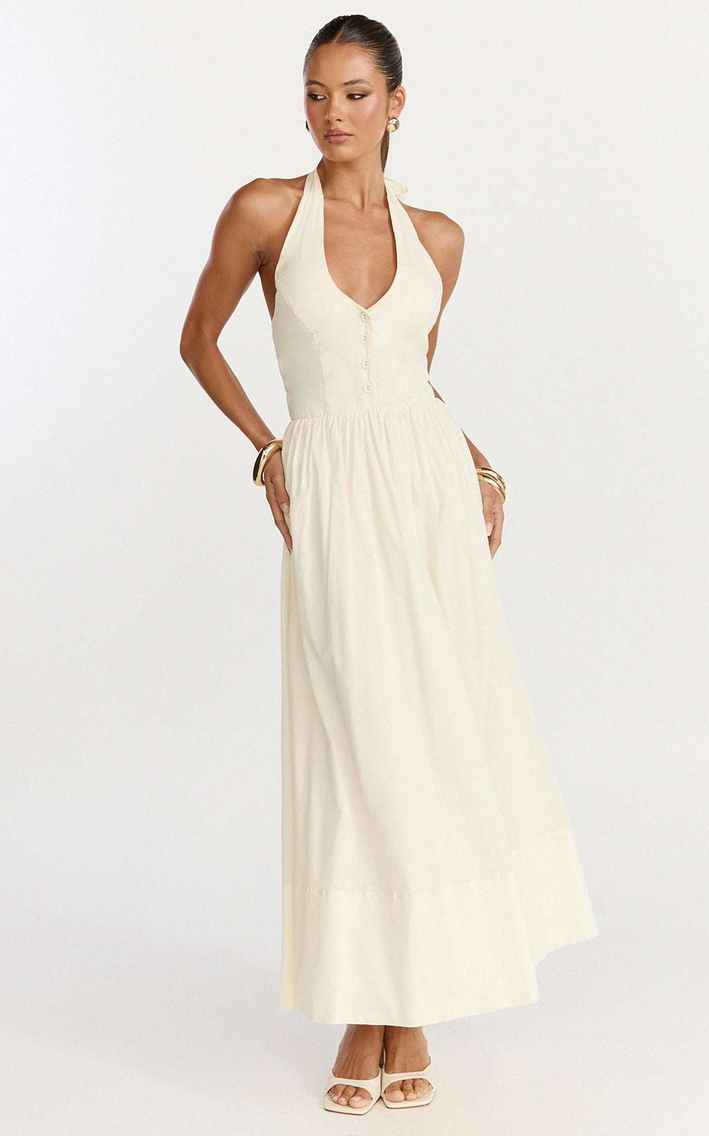 Everly Midi Elbise - Bağlamalı Boyundan Bağlamalı Yaka, Düğmeli Korsajlı Fit & Flare Elbise - Krem