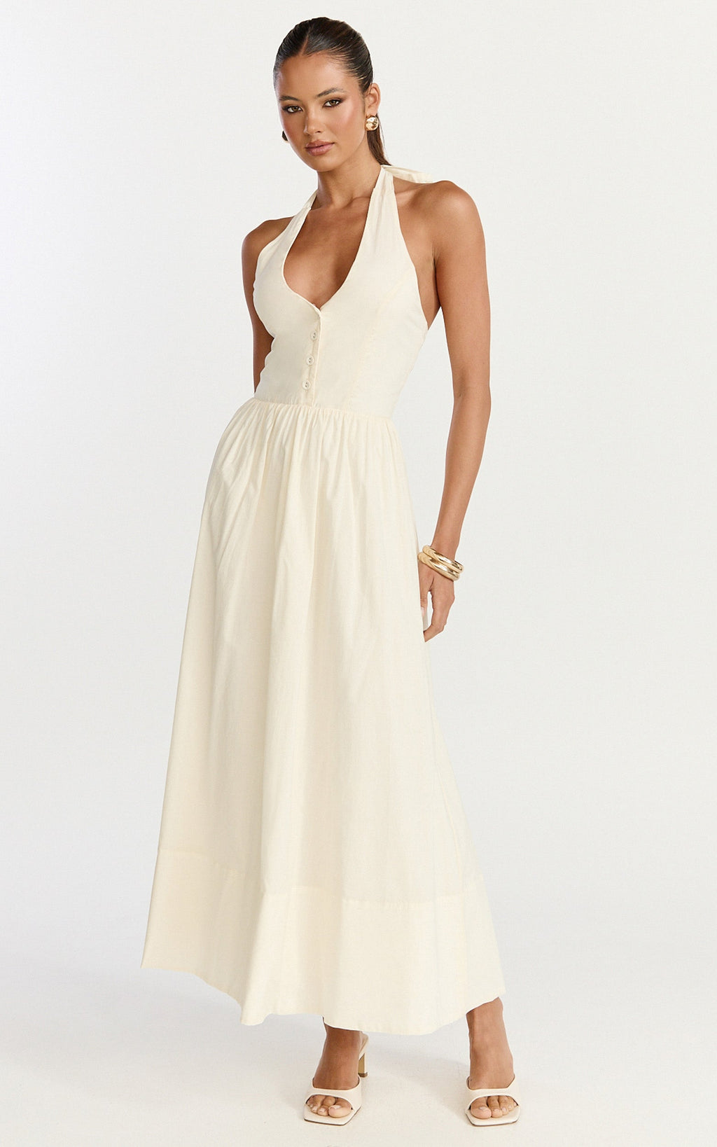 Everly Midi Elbise - Bağlamalı Boyundan Bağlamalı Yaka, Düğmeli Korsajlı Fit & Flare Elbise - Krem