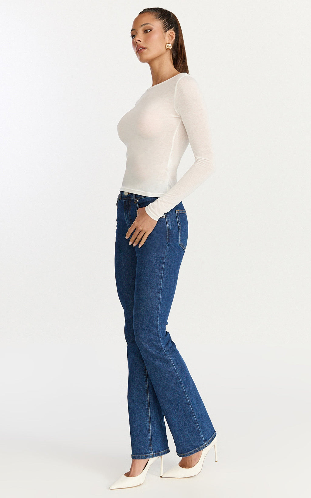 Solenne Jean - Yüksek Bel Dar Kesim Bootcut Paça Jean - Koyu Orta Mavi Yıkama