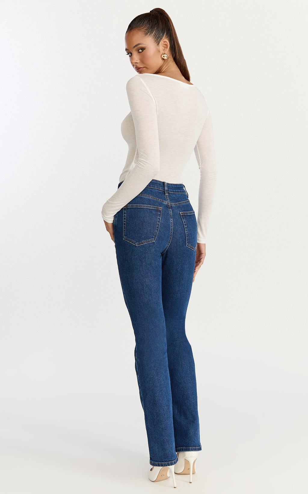 Solenne Jean - Yüksek Bel Dar Kesim Bootcut Paça Jean - Koyu Orta Mavi Yıkama