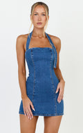 Peggy Mini Elbise - Koyu Mavi Yıkamalı Denim Tokalı Boyundan Bağlamalı Vücuda Oturan Elbise