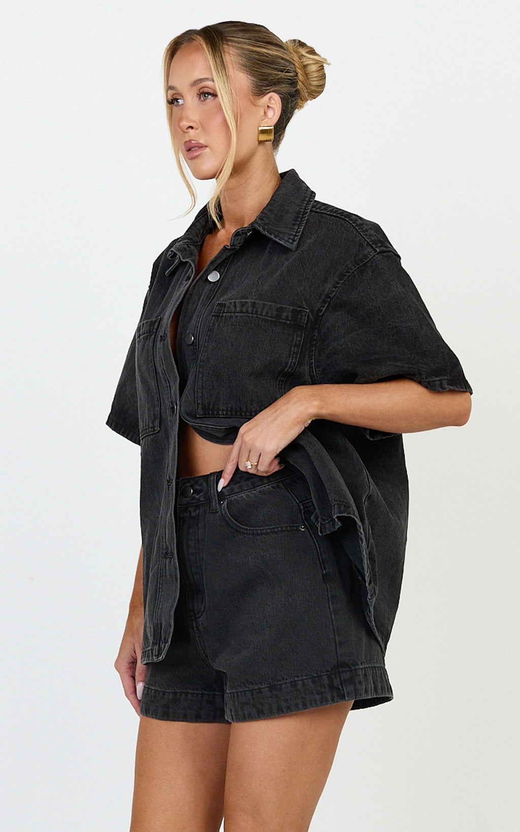 Iris Üst - Oversize Geri Dönüştürülmüş Denim Kısa Kollu Gömlek - Siyah
