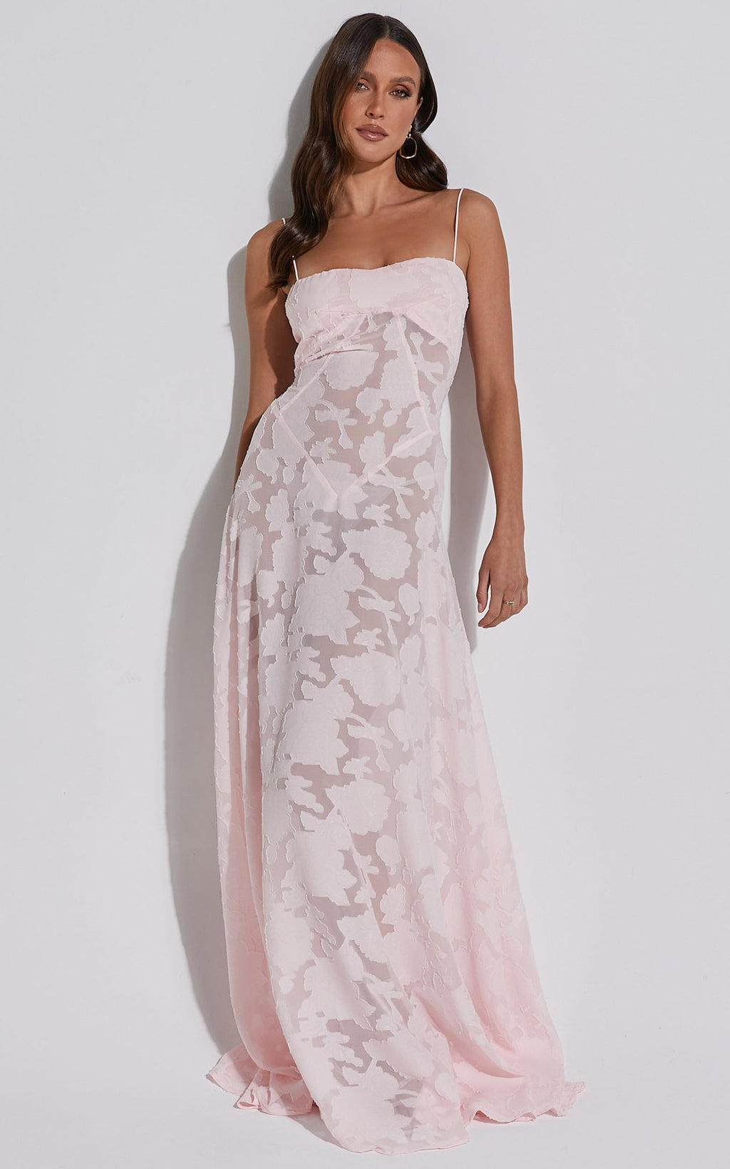 Lily Maxi Elbise - Pembe Transparan Jakarlı Maxi Elbise