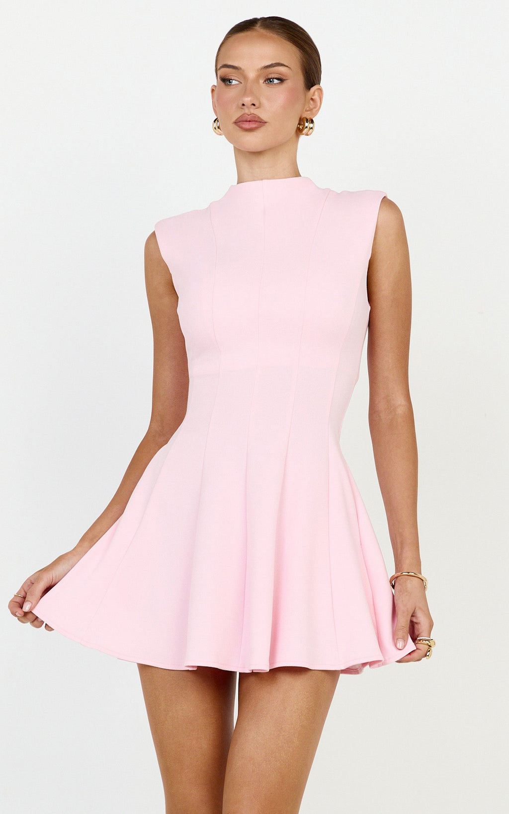 Becky Mini Elbise - Pembe Yüksek Yaka Kolsuz Fit & Flare Elbise