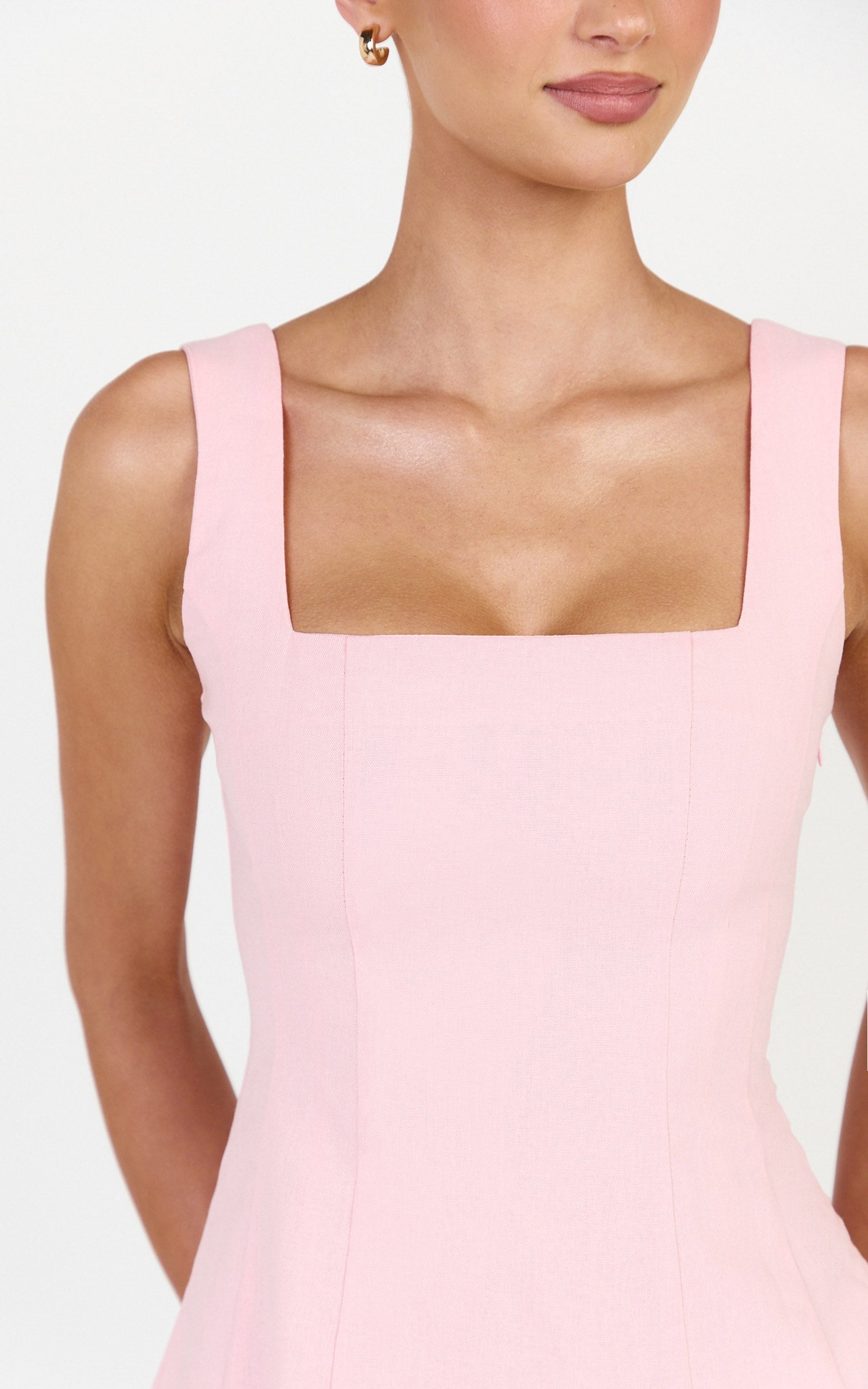 Adiana Mini Elbise - Pembe Keten Kare Yaka Gipeli Sırtlı A Kesim Elbise