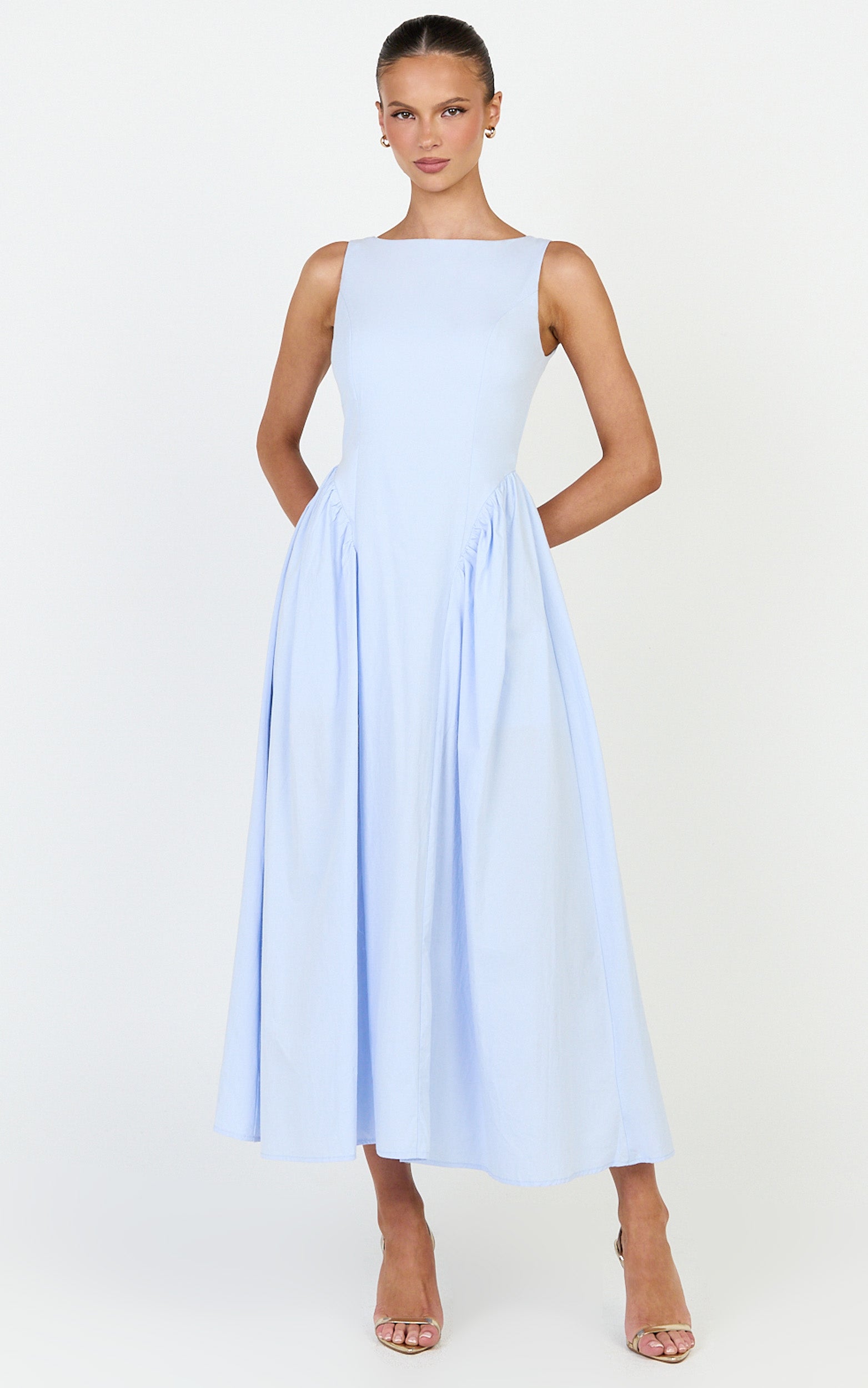 Casina Midi Elbise - Mavi Kayık Yaka Arkadan Bağlamalı Fit & Flare Elbise