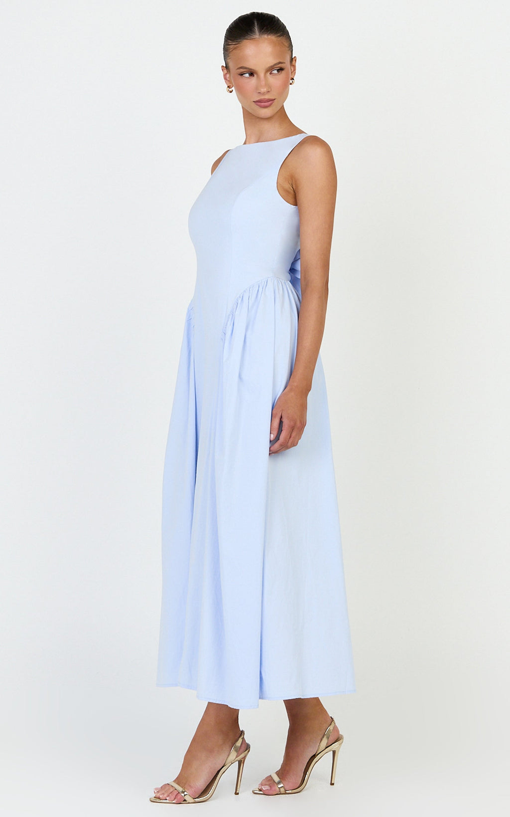 Casina Midi Elbise - Mavi Kayık Yaka Arkadan Bağlamalı Fit & Flare Elbise