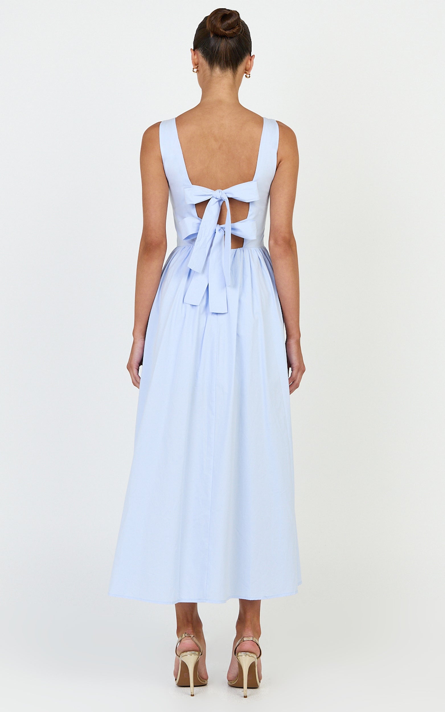 Casina Midi Elbise - Mavi Kayık Yaka Arkadan Bağlamalı Fit & Flare Elbise
