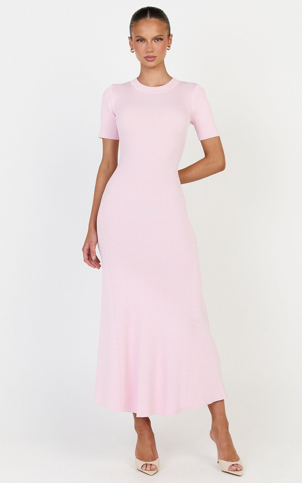 Lanie Midi Elbise - Pembe Triko Bisiklet Yaka Kısa Kollu Elbise