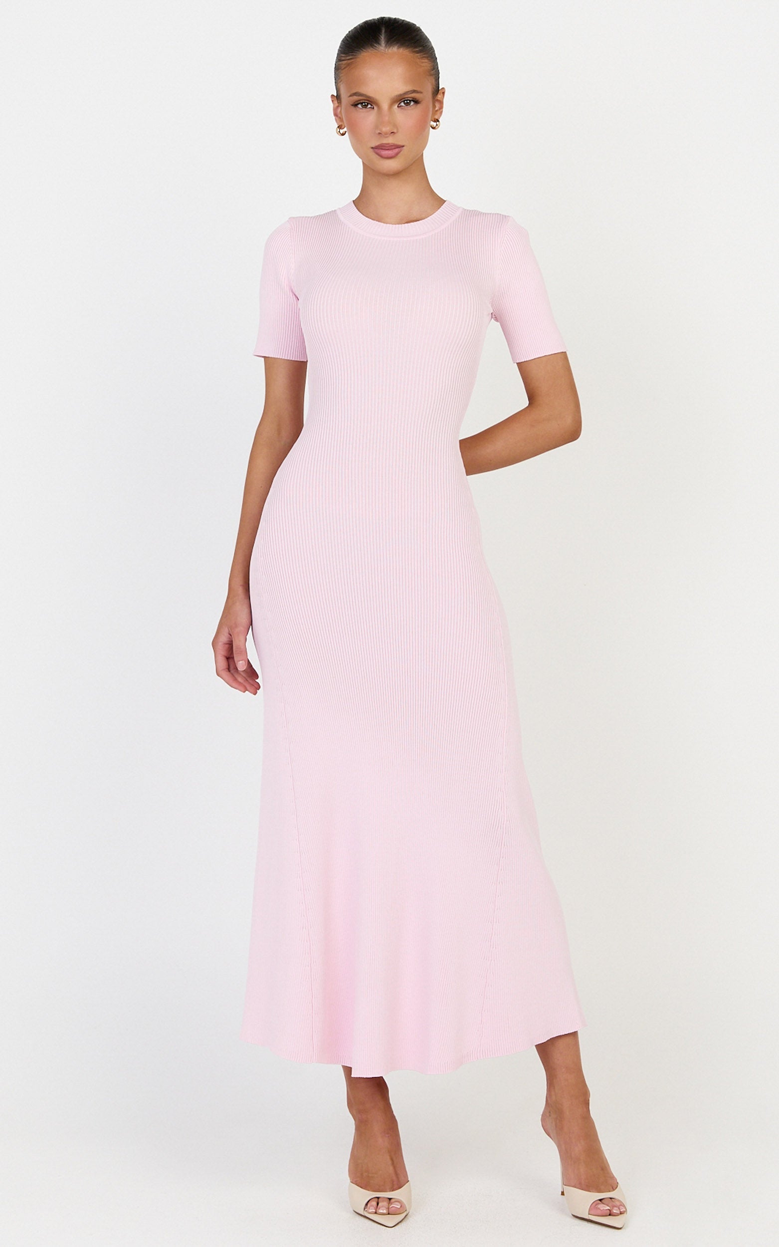 Lanie Midi Elbise - Pembe Triko Bisiklet Yaka Kısa Kollu Elbise
