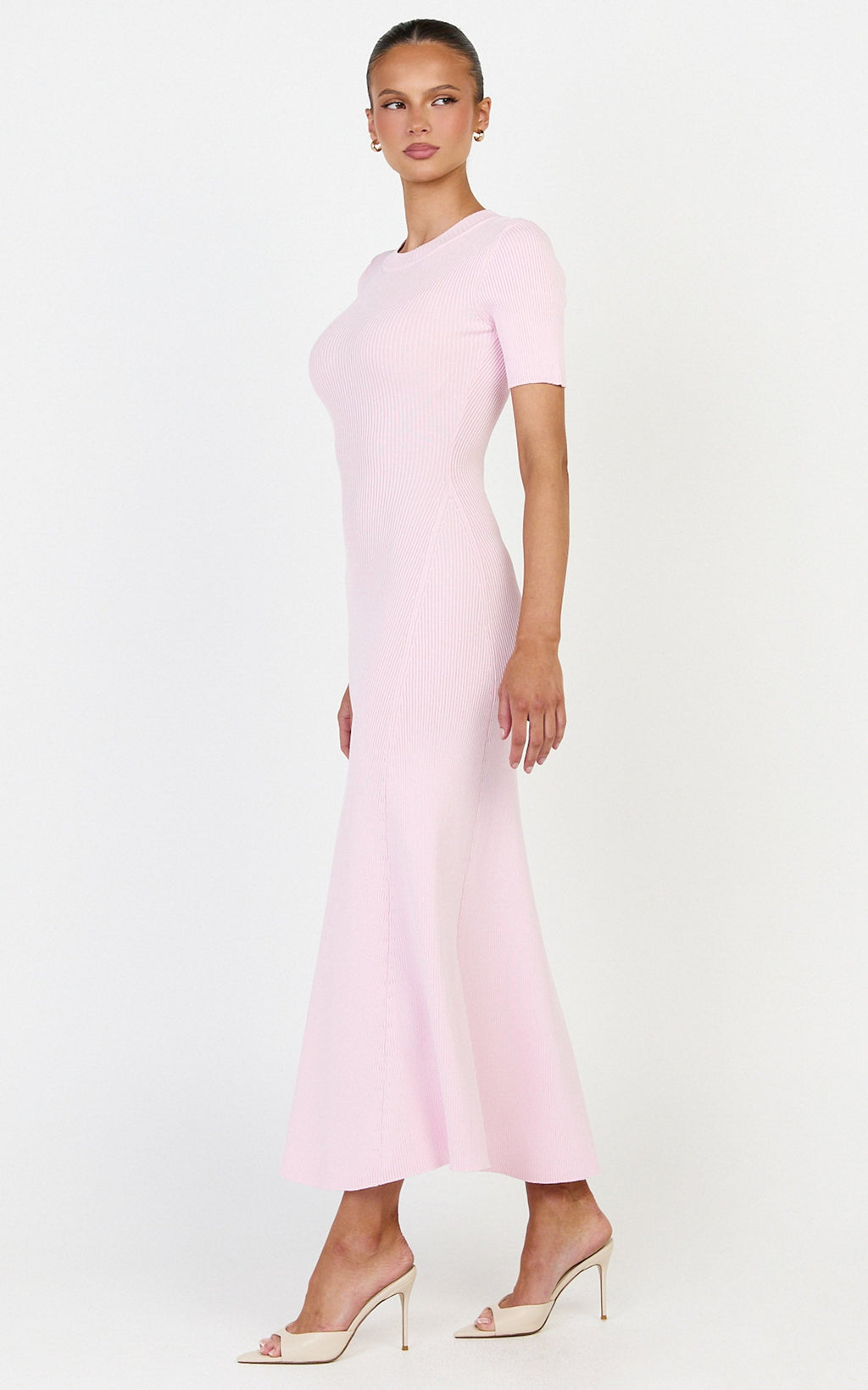 Lanie Midi Elbise - Pembe Triko Bisiklet Yaka Kısa Kollu Elbise