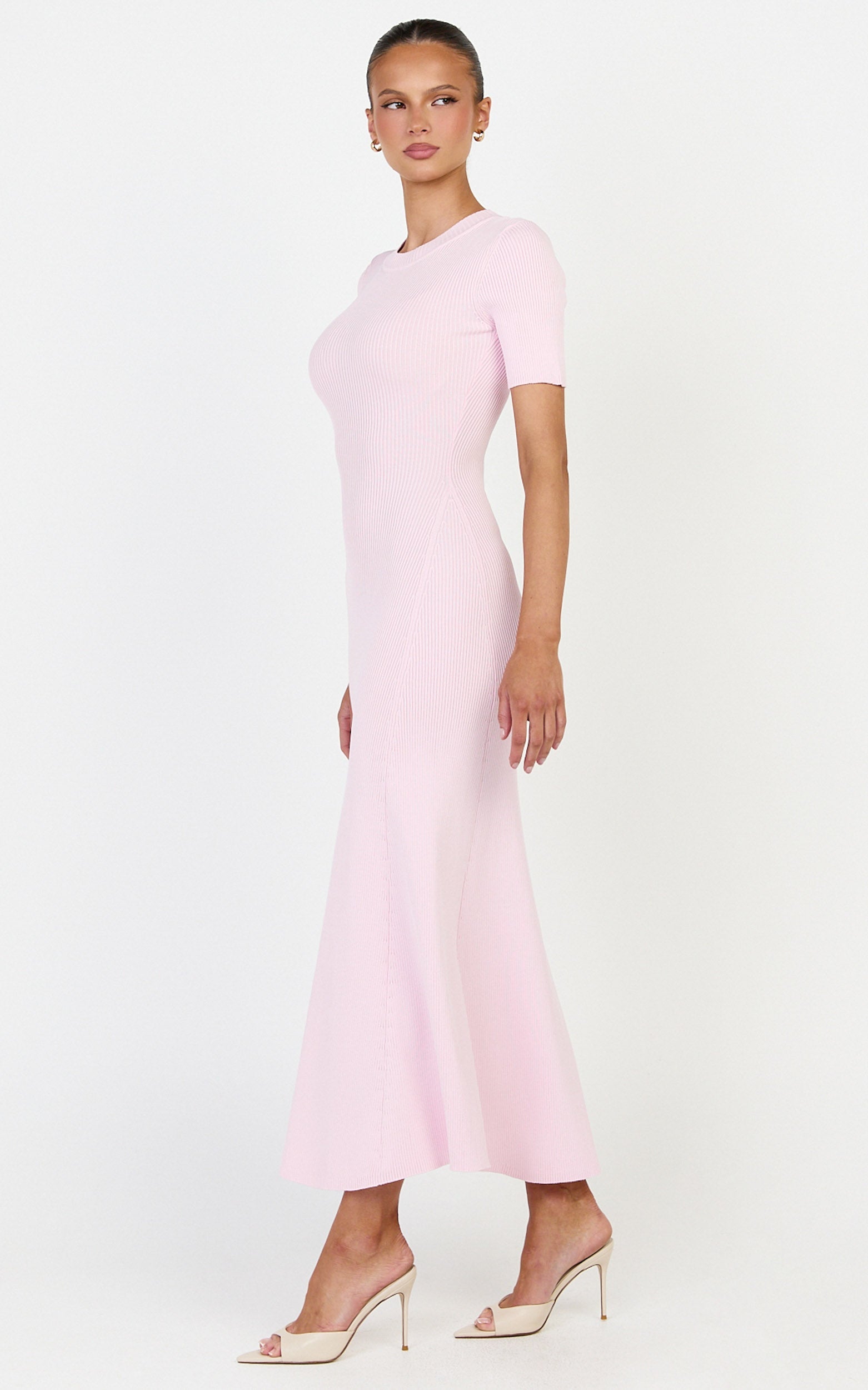 Lanie Midi Elbise - Pembe Triko Bisiklet Yaka Kısa Kollu Elbise