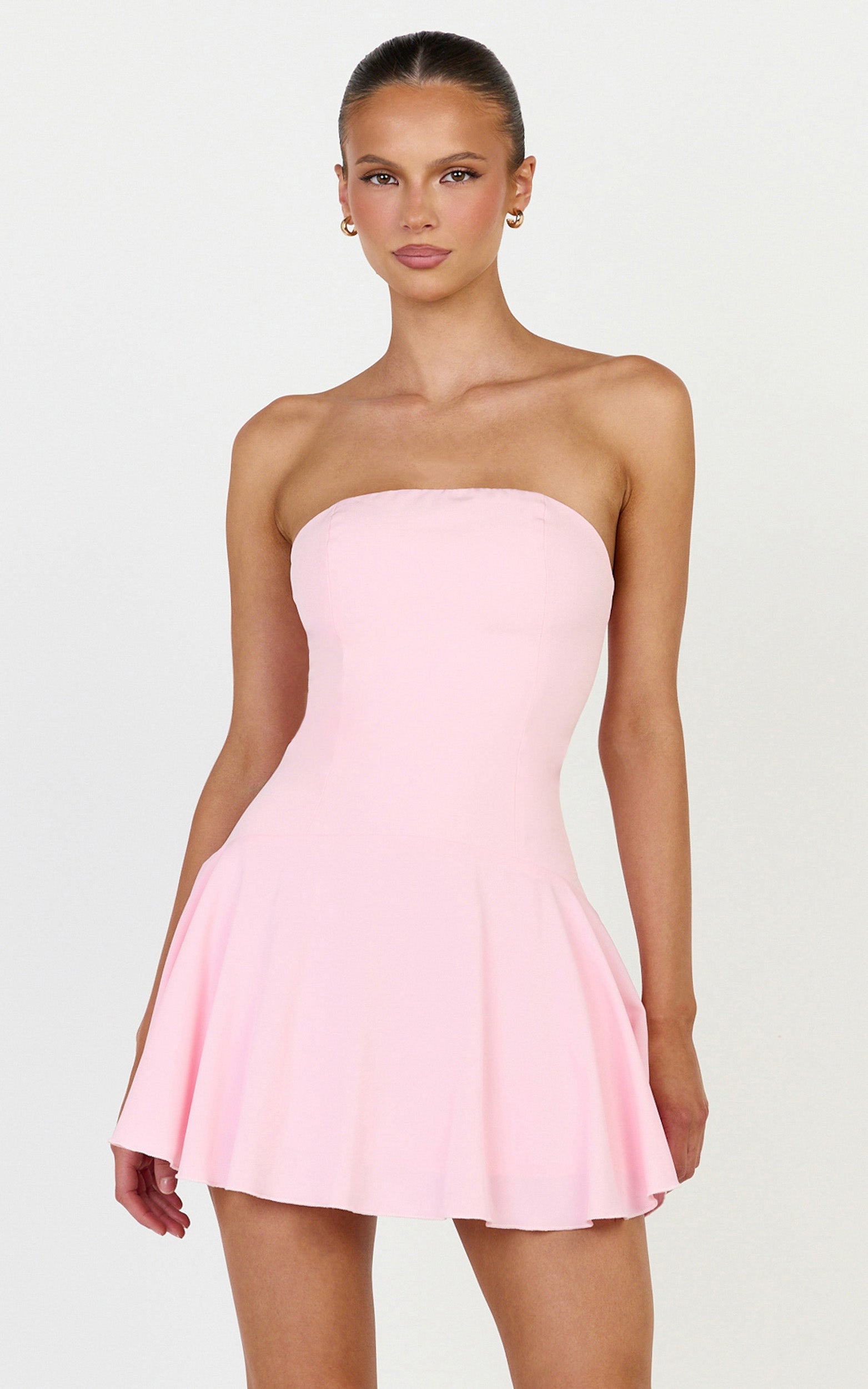 Poppy Mini Elbise - Pembe Kontrast Etekli Straplez Elbise
