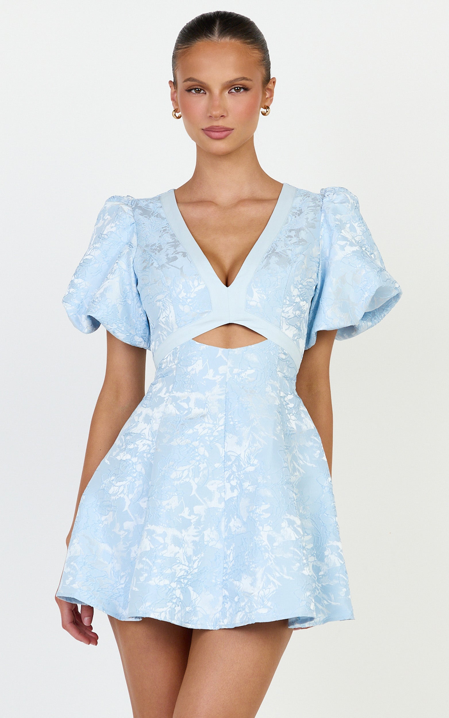 Rosalie Mini Elbise - Mavi Çiçek Jakarlı V Yaka Fit & Flare Elbise