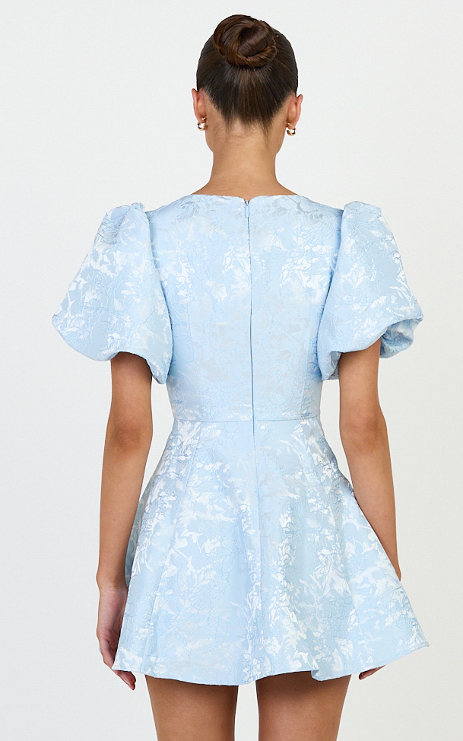 Rosalie Mini Elbise - Mavi Çiçek Jakarlı V Yaka Fit & Flare Elbise