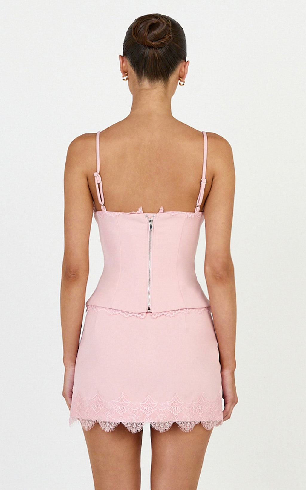 Primrose Mini Etek - Pembe Yan Yırtmaçlı Dantel Panelli Slip Etek
