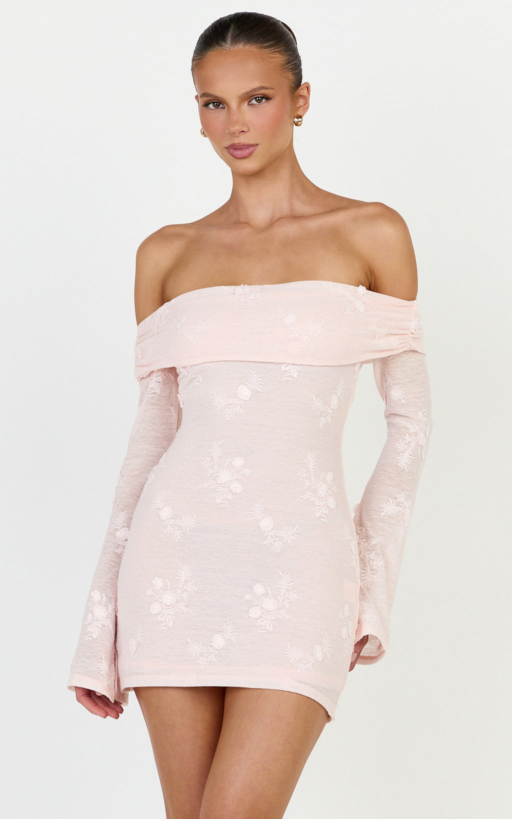 Raymond Mini Elbise - Pembe Omuzları Açık Uzun Kollu Oturan Elbise