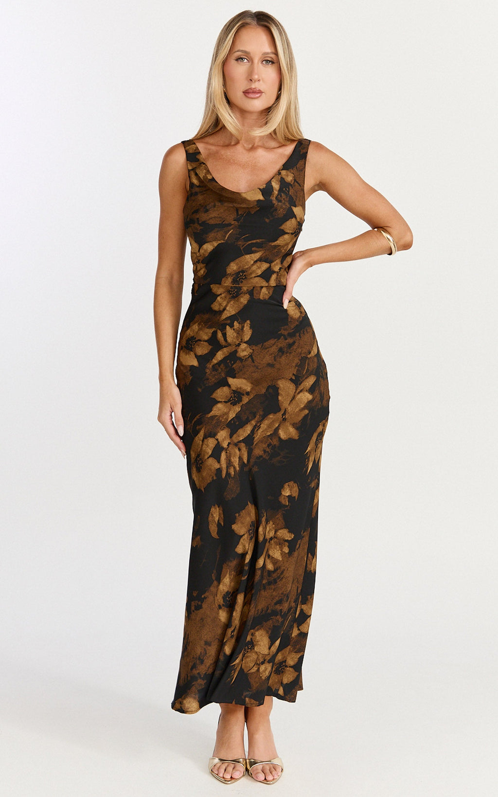 Dara Midi Elbise - Amber Floral Desenli Derin Yaka Kolsuz Askılı Elbise