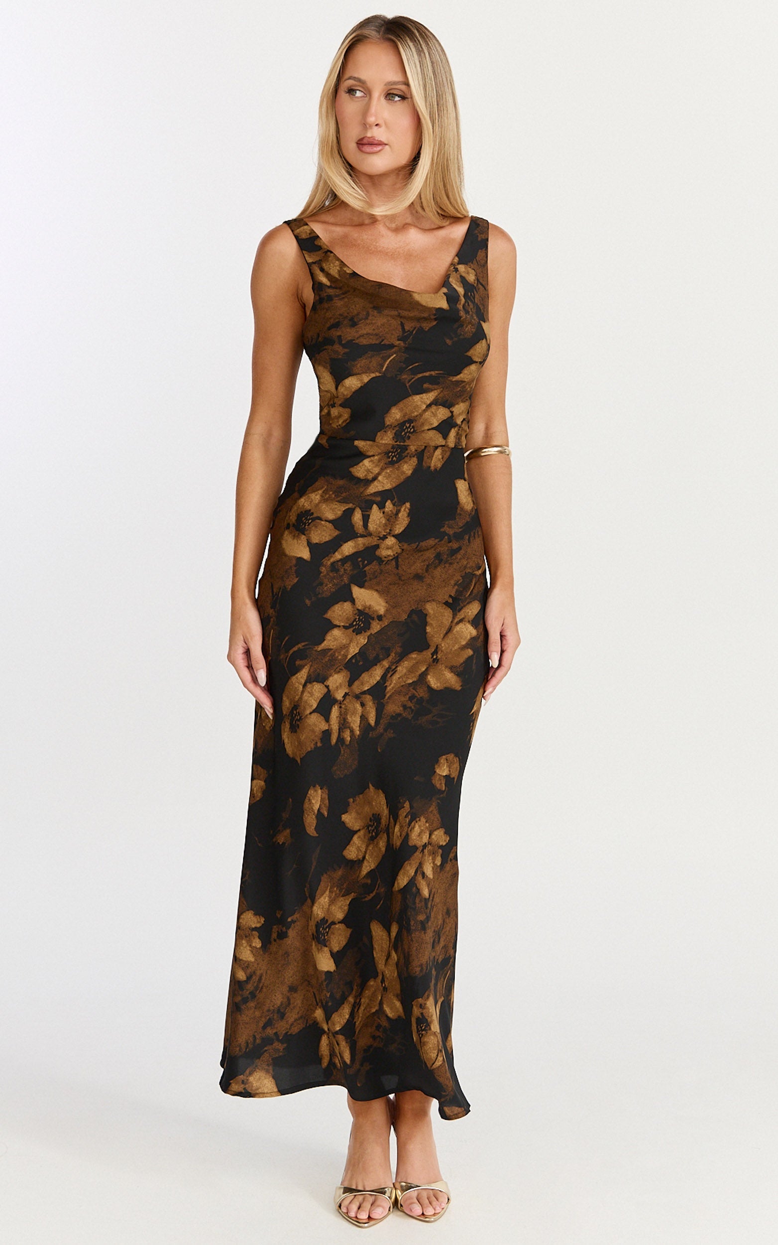Dara Midi Elbise - Amber Floral Desenli Derin Yaka Kolsuz Askılı Elbise