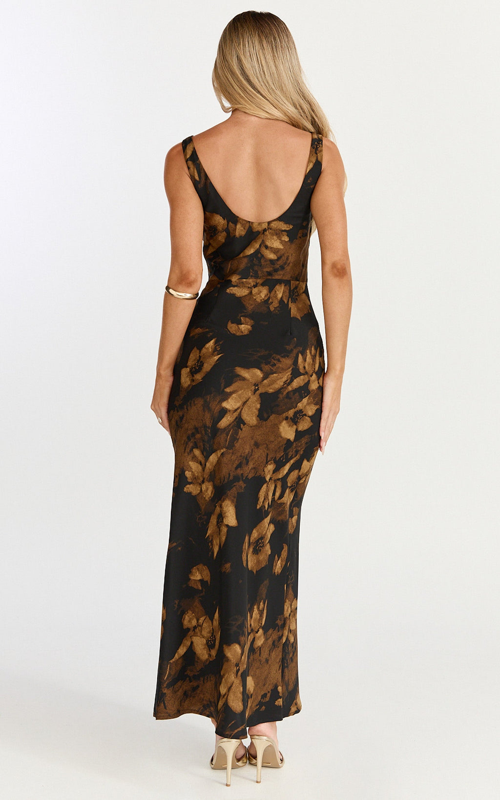 Dara Midi Elbise - Amber Floral Desenli Derin Yaka Kolsuz Askılı Elbise