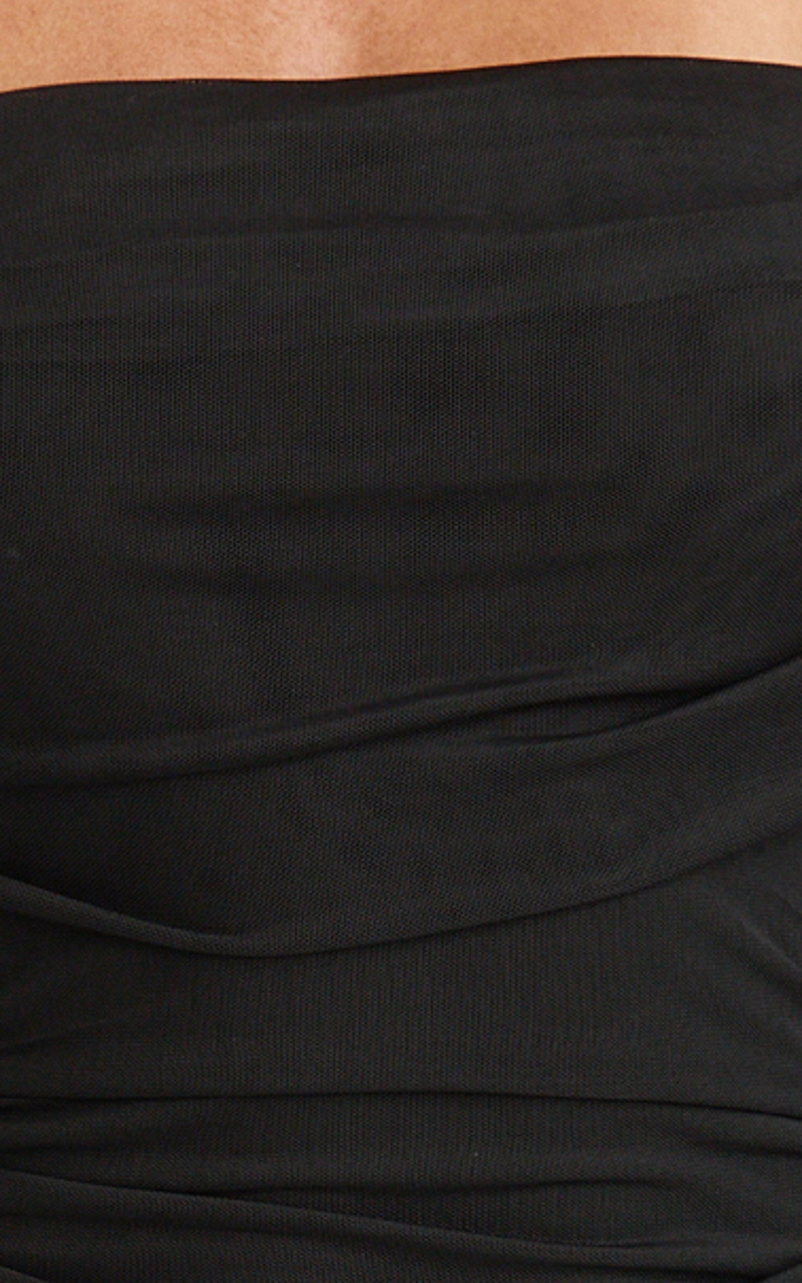 Clyde Mini Elbise - Siyah File Omuzları Açık Büzgülü Bodycon Elbise