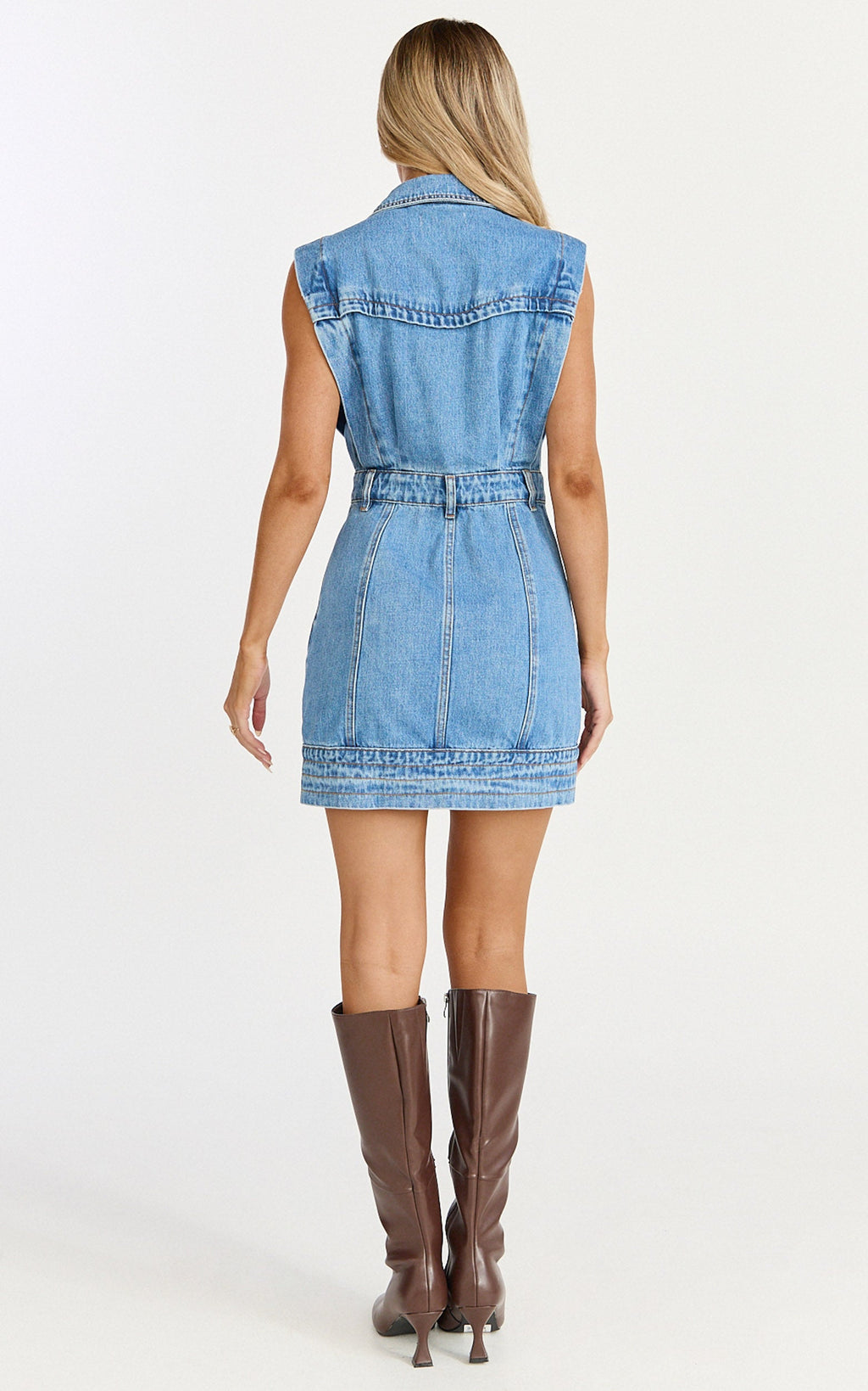 Jasse Mini Elbise - Orta Mavi Yıkamalı Metal Düğmeli Denim Elbise
