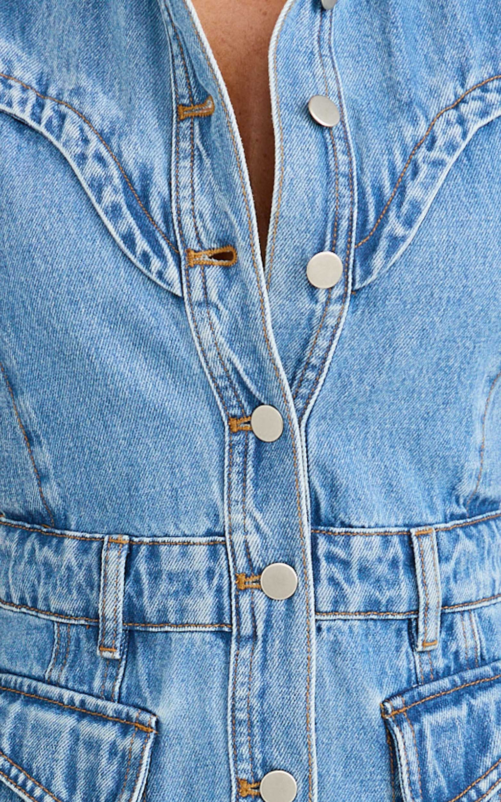 Jasse Mini Elbise - Orta Mavi Yıkamalı Metal Düğmeli Denim Elbise