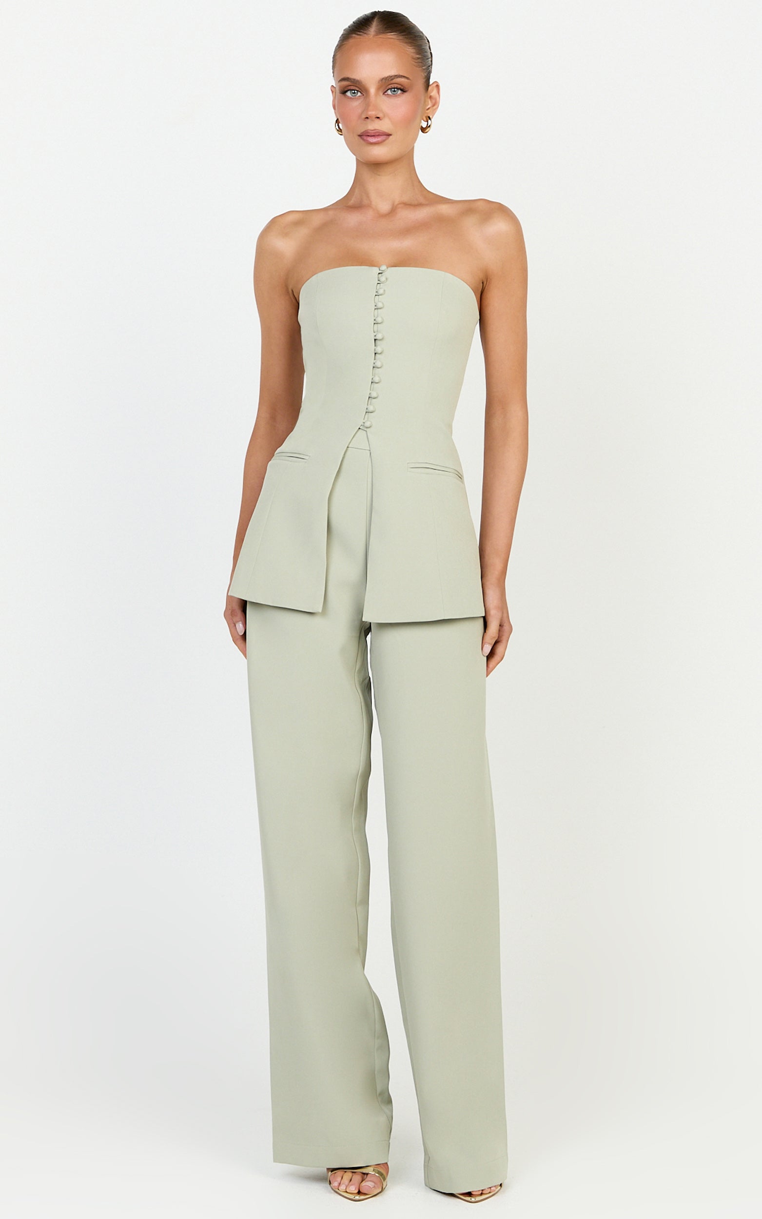 Amelia İkili Üst ve Pantolon Takımı - Adaçayı Straplez Düğmeli Üst ve Terzi Kesim Bol Paça Pantolon