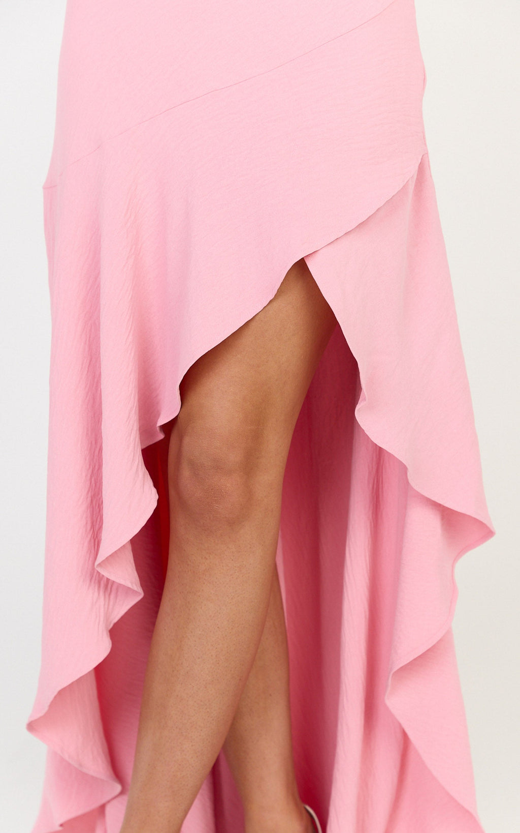 Sunny Maxi Elbise - Pembe Degaje Yaka Asimetrik Etek Uçlu Elbise