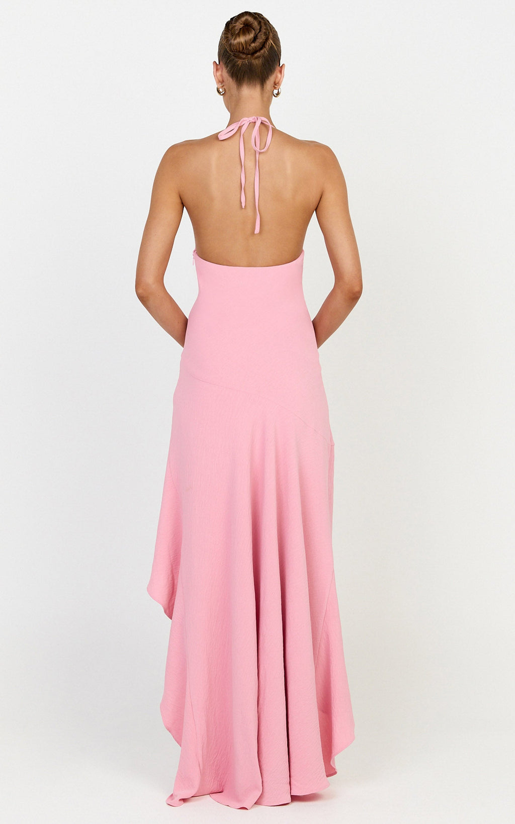 Sunny Maxi Elbise - Pembe Degaje Yaka Asimetrik Etek Uçlu Elbise