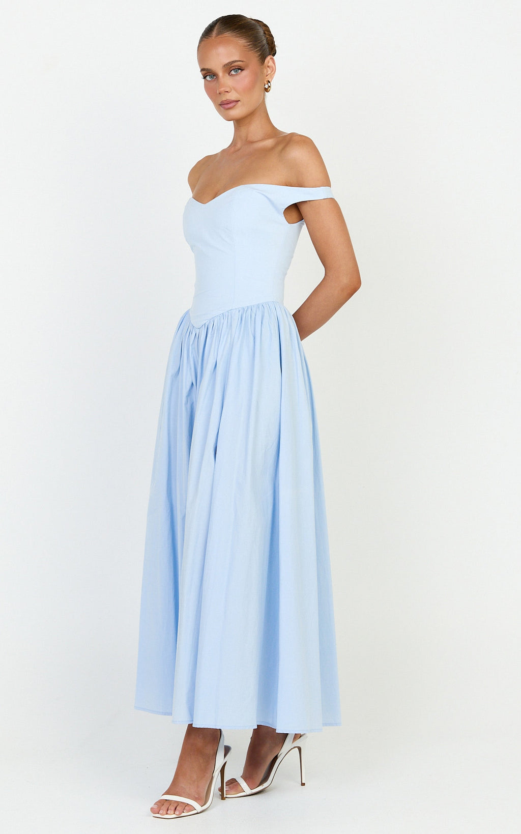 Lacey Midi Elbise - Mavi Omuzları Açık Büzgülü Belli Elbise