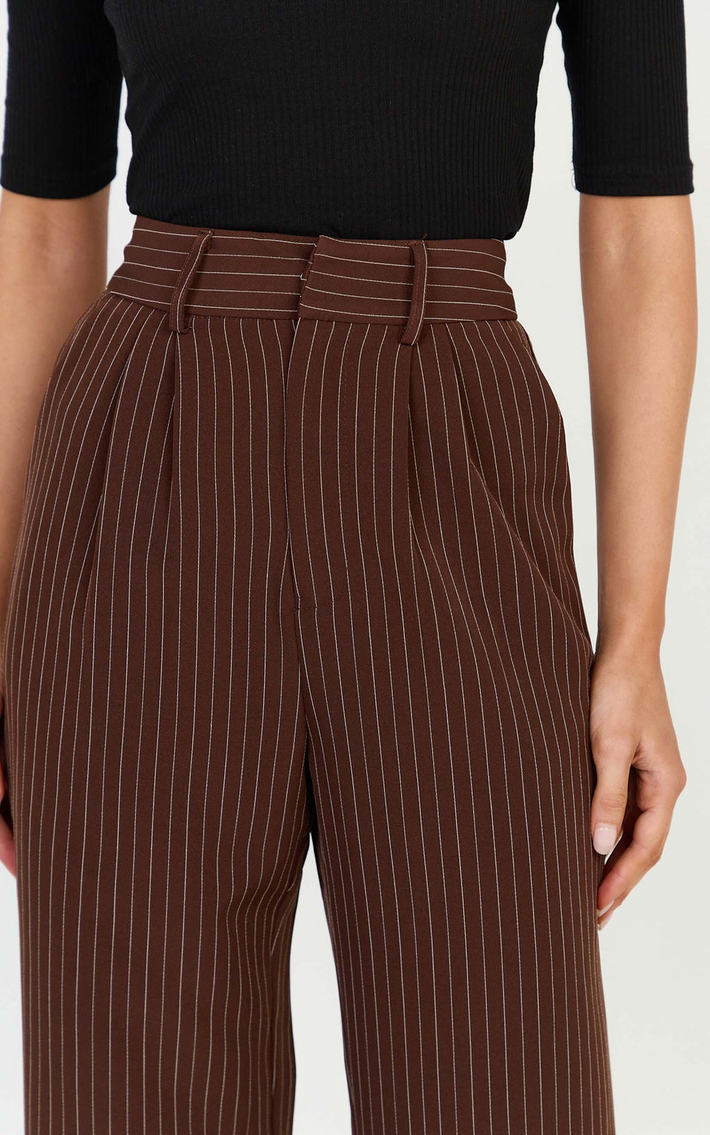 Rose Pantolon - Koyu Çikolata Çizgili Terzi Kesim Düz Paça Pantolon