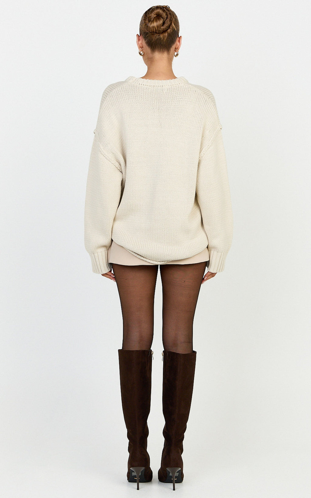 Kira Kazak - Bej Bisiklet Yaka Oversize Triko Kazak