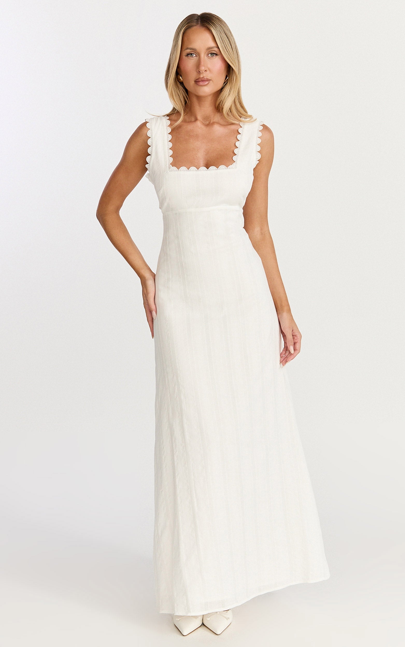 Roxanne Midi Elbise - Beyaz Kare Yaka Fit & Flare Elbise