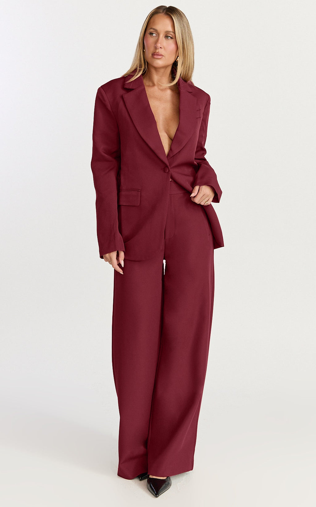 Selena Blazer - Bordo Oversize Tek Düğmeli Blazer Ceket