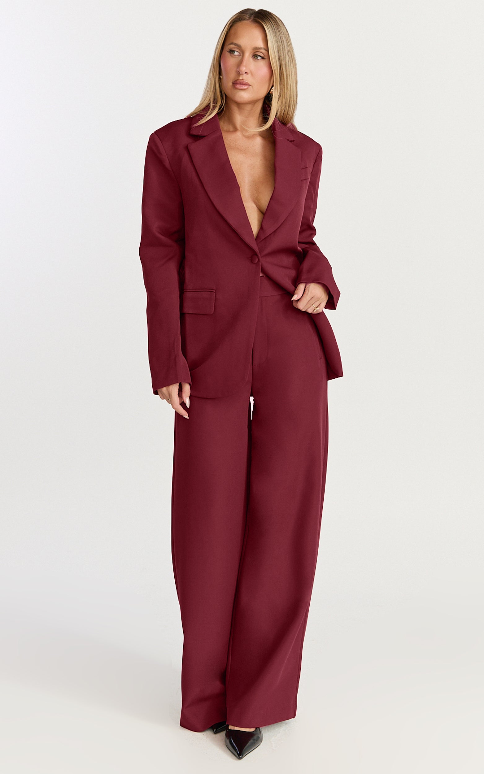 Selena Blazer - Bordo Oversize Tek Düğmeli Blazer Ceket