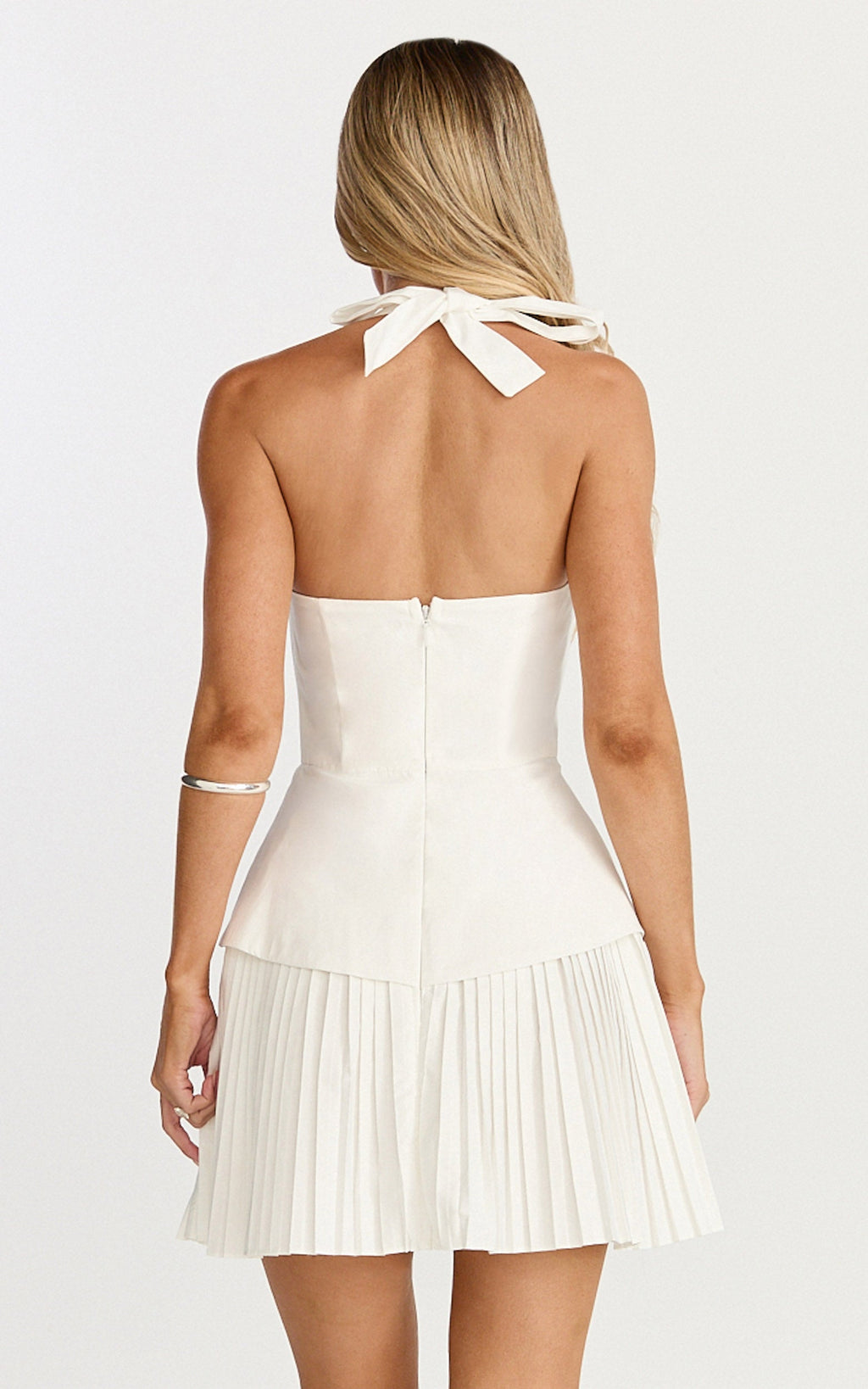 Calla Mini Elbise - Kırık Beyaz Boyundan Bağlamalı Peplum Pileli Etekli Elbise