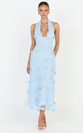 Azalea Midi Elbise - Mavi Boyundan Bağlamalı 3D Çiçekli Fit & Flare Elbise