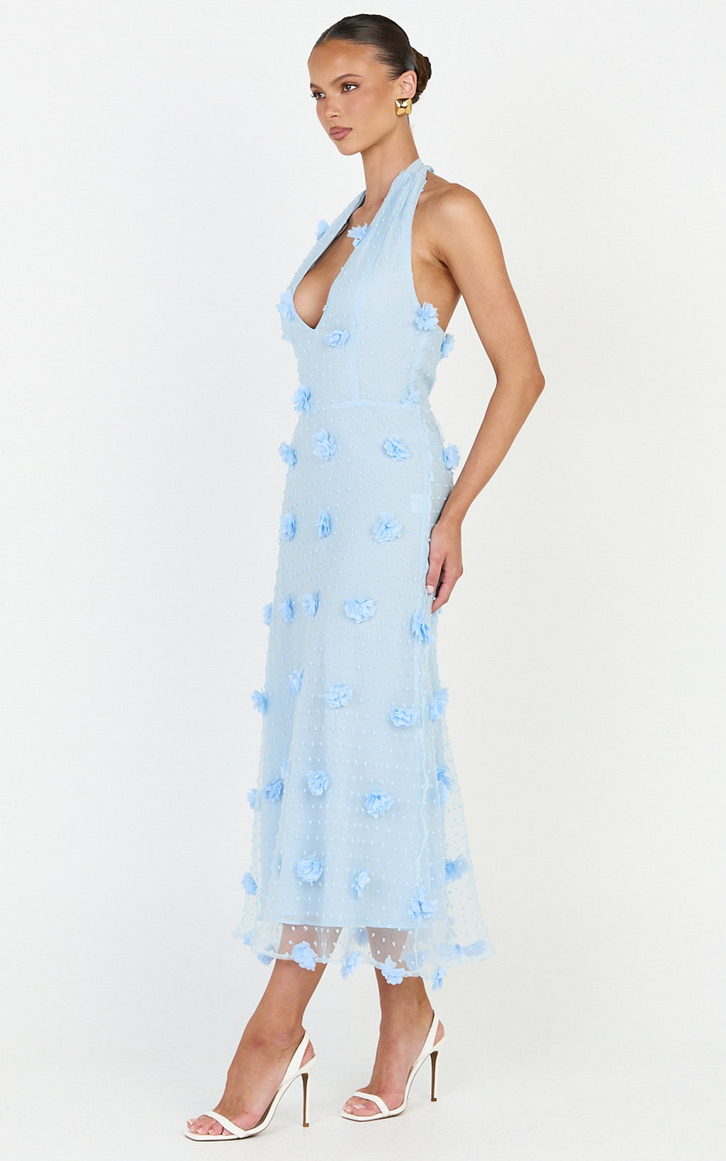 Azalea Midi Elbise - Mavi Boyundan Bağlamalı 3D Çiçekli Fit & Flare Elbise