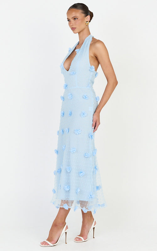 Azalea Midi Elbise - Mavi Boyundan Bağlamalı 3D Çiçekli Fit & Flare Elbise