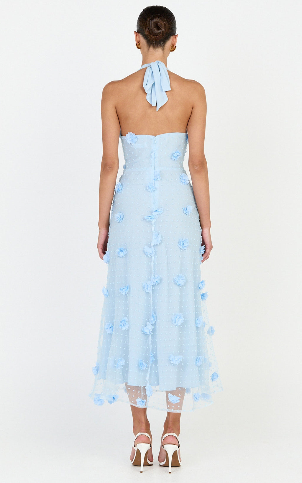 Azalea Midi Elbise - Mavi Boyundan Bağlamalı 3D Çiçekli Fit & Flare Elbise