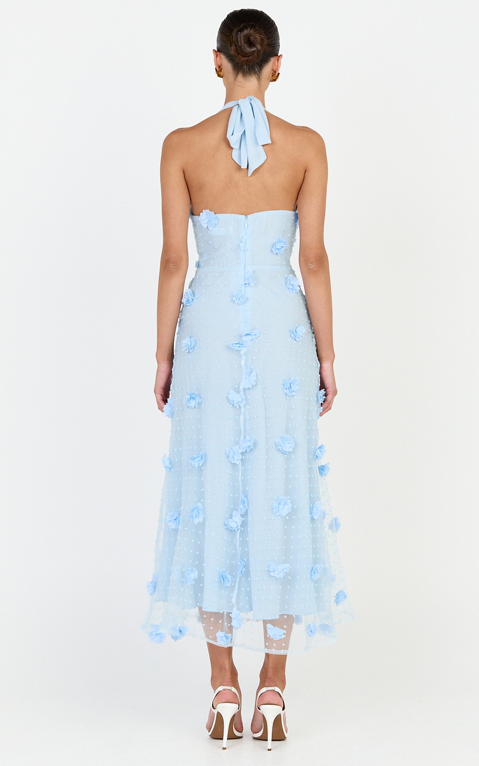 Azalea Midi Elbise - Mavi Boyundan Bağlamalı 3D Çiçekli Fit & Flare Elbise